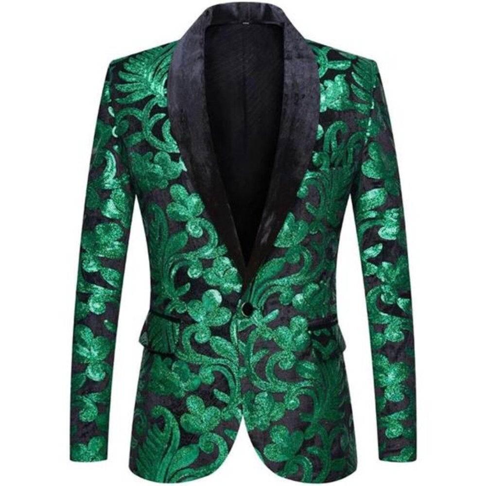 Men Fashion Velvet Sequins Floral Pattern Suit Jacket Blazer